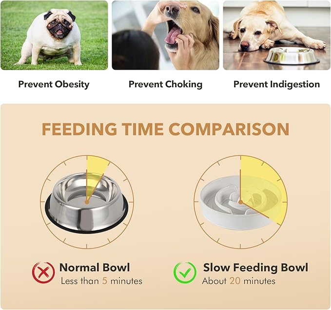 Ceramic Raised Slow Feeder Dog Bowl Set, Elevated 8.2inch Bowl and 9.5inch Dish with Acacia Wood Stand for Large Dog, Stop Bloat(2 x Reactived Glaze -White+ Stand)
