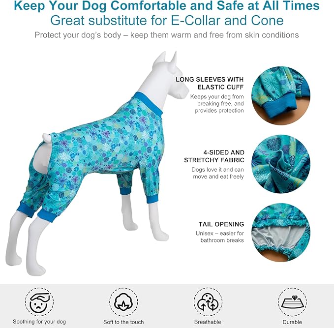 LovinPet Dog Sweatshirts for Size Large Boy Dogs, Pet Anxiety Calming Shirt, Pajamas for Pitbulls,Sea Plants Turquoise Print, Pitbull Clothes, Pajamas for Large Dogs, 2XL