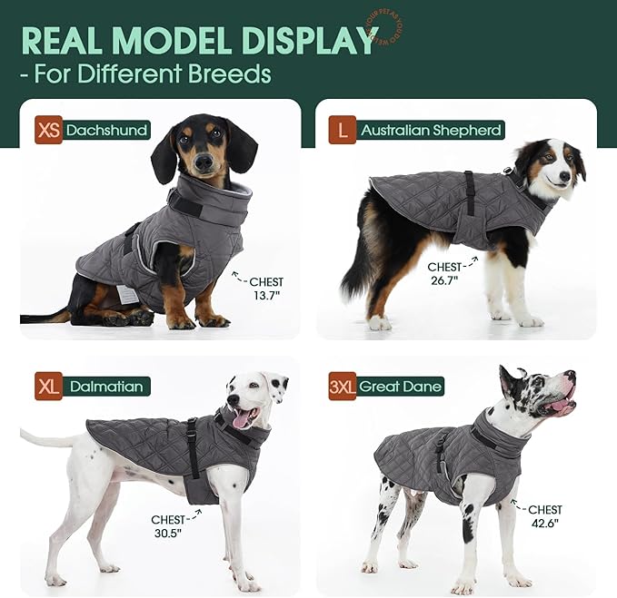 Kuoser Dog Coat Warm Fleece Lining Turtleneck Dog Jacket with Harness Built-in, Windproof Cold Weather Coats with Quick Release Buckle Pet Winter Snowsuit for Extra Large Dogs Great Dane, Grey 3XL