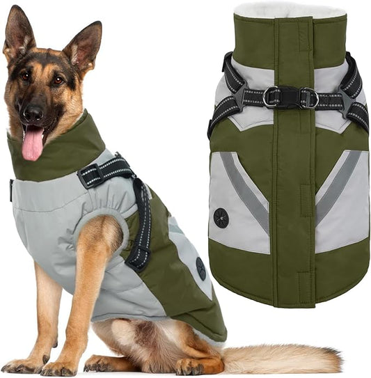 IECOii Zip Up Dog Coat for Large Dogs - Waterproof Winter Fleece Jacket in Green, XLarge - Suitable for Border Collie, Pitbull