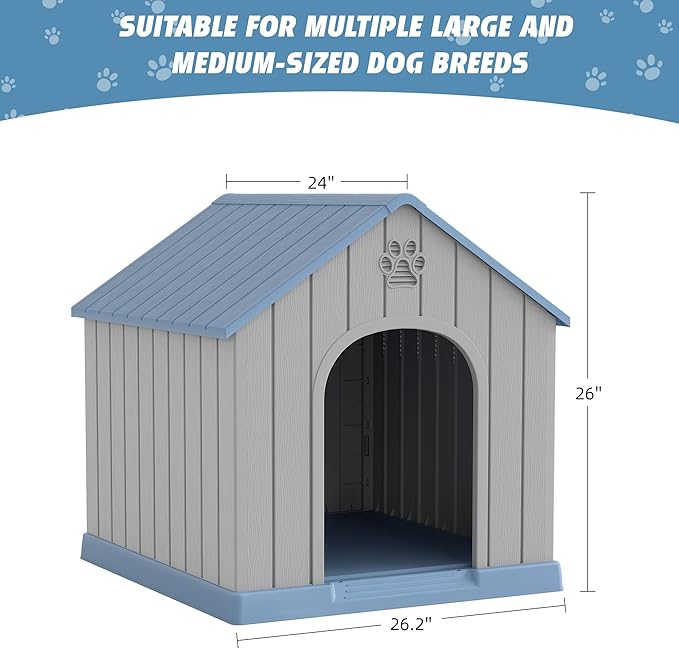Fancyango Dog House Outdoor Indoor for Medium Large Dogs, Sturdy Plastic Waterproof Doghouse with Air Vents and Elevated Floor, Easy Clean and Assemble (Blue, 26.18''L × 24.02''W × 25.98''H)