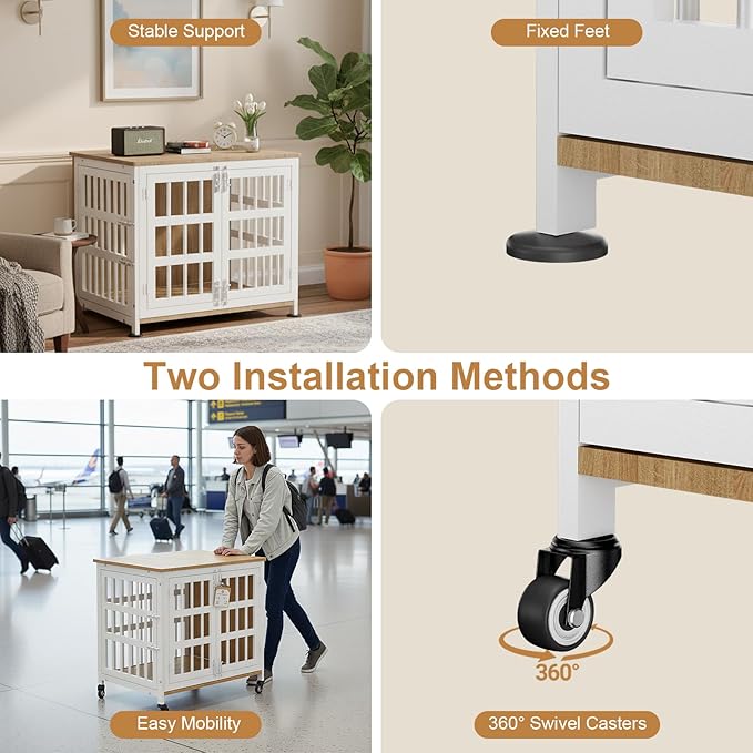 26" Dog Crate Furniture for Small Dogs, Heavy Duty Dog Cage for Small & Medium Dogs with Wheels, Indoor Puppy Crate, 26.6"L x 20.9"W x 23.8"H, Decorate House as TV Stand, End Table — Natural and White