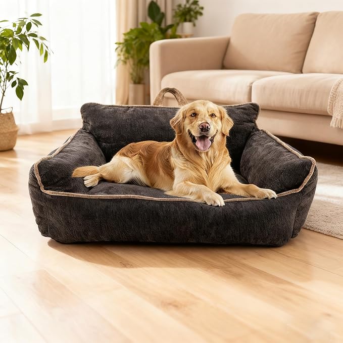 Large Orthopedic Dog Sofa Bed with Sides, Carry Handle & Side Pockets .Plush Chenille Orthopedic Pet Bed Couch for Large Dogs.Portable Snuggler for Indoor Use, Travel & Recovery (Black)