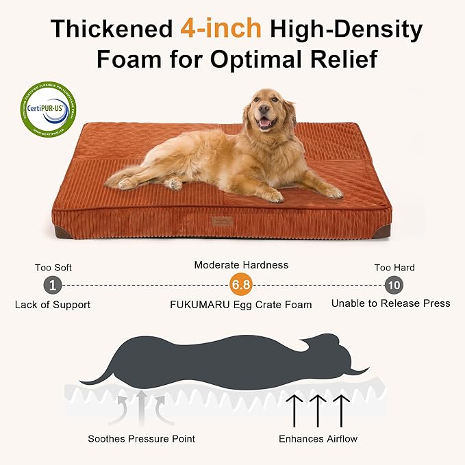 FFUKUMARU Dog Bed, Plush Corduroy Orthopedic Dog Beds with Removable Washable Cover, XL Waterproof Dogs Bed for Crate, Egg Crate Foam Support Pet Mat, Cozy Pet Bed Mat with Anti-Slip Bottom, Orange