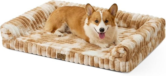 Cute Dog Bed for Medium Dogs, Faux Fur Orthopedic Foam Dog Bed with Sides, Removable Washable Cover & Waterproof Lining, Comfortable Pet Couch, Tie-Dye Brown (36" L x 20" W x 6" Th)