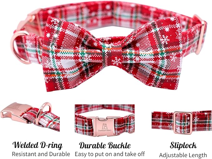 Lionheart glory Christmas Plaid Dog Collar Adjustable Soft Dog Collar with Bowtie, Pet Gift Dog Collars Bow for Small Medium Large Dogs