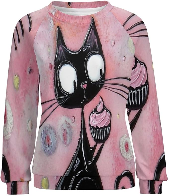 Biacolum Long Sleeve Shirts for Women Mid Century Retro Style Atomic Cat 3D Graphic Sweatshirts Fall Crewneck Pullover Top