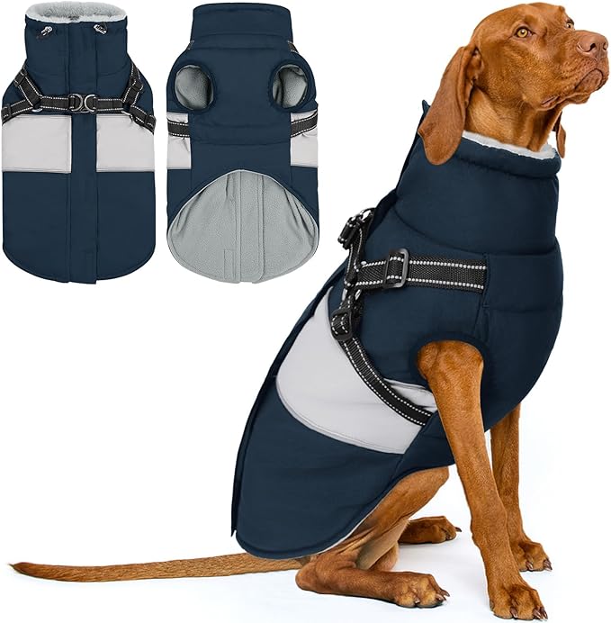 KOESON Dog Coat, Windproof Dog Winter Coat with Harness Built in for Extra Large Dogs, Waterproof Reflective Pet Snow Jacket with Warm Fleece Lining for German Shepherd, Labrador Retriever