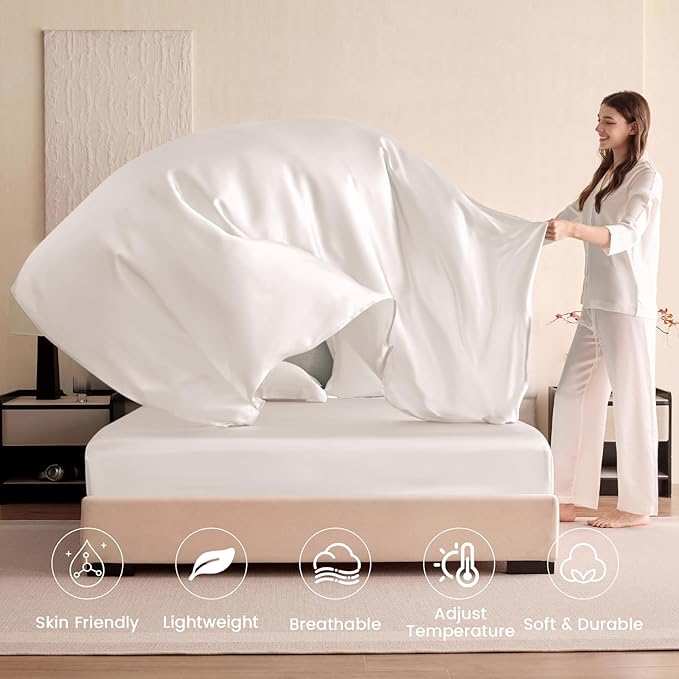 THXSILK Silk Sheet Set 4Pcs, 6A+ Top Grade 100% Natural Mulberry Silk Bed Sheets, Luxury Bedding Sets Ultra Soft Durable, 1 Fitted Sheet, 1 Flat Sheet and 2 Pillow Shams (King, Pearl White)