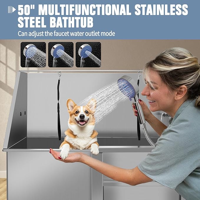 Stainless Steel Dog Washing Station For Large Dogs, Dog Grooming Tub For Home, Professional Dog Bathtub Bathing Station, Pet Wash Station, Dog Shower Tub With Stairs, Drain & Door