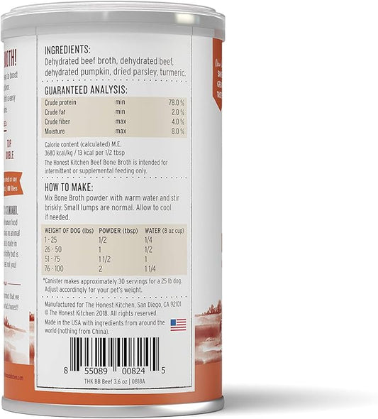 The Honest Kitchen Human Grade Daily Boosts Instant Beef Bone Broth with Turmeric for Dogs 3.6 Ounces