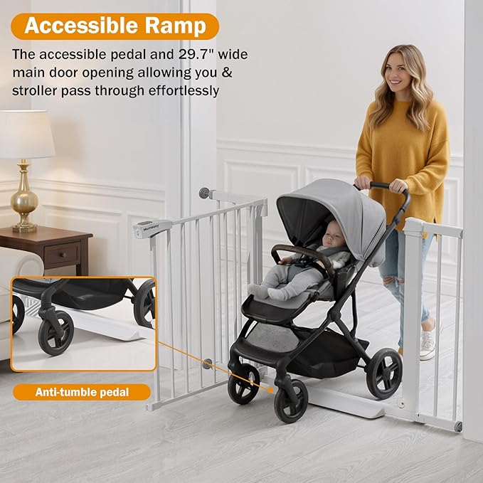 Baby Gate for Stairs, 29.7-43" Auto Close Dog Gate for Doorways & Hallways, Pressure Mounted Pet Gate with Walk Thru Door, Easy Install Safety Gate for Children & Pets, No Drilling, Dual-Lock Design