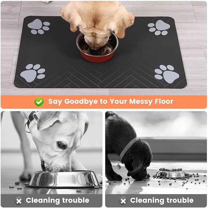 Pet Feeding Mat-Absorbent Pet Placemat for Food and Water Bowl, with Waterproof Rubber Backing, Quick Dry Water Dispenser Mat for Dog and Cat (27"x17", Striped Dark Gray)