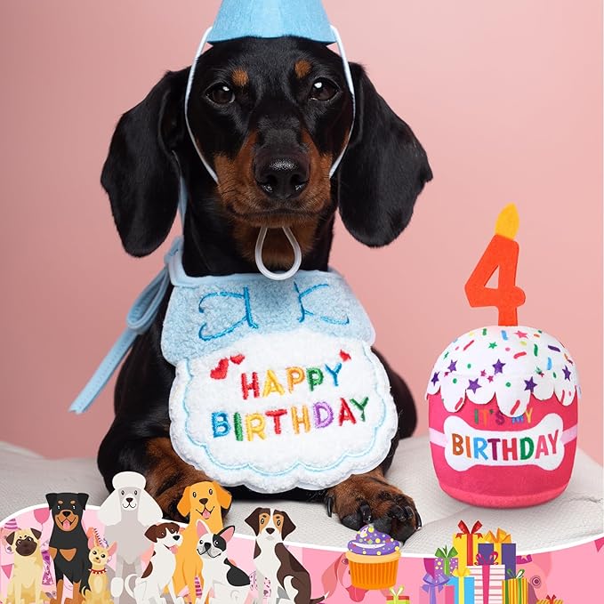 Dog Birthday Cake Toy Accessories for Girl Boy Gifts, Squeaky Plush Toy for Dog Birthday Party Decor Favor for Large, Medium and Small Dogs(4th,Pink)