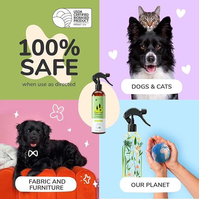 kin+kind Plant Based Flea and Tick Spray for Dogs and Cats – Essential Oil Formula with Lemongrass – Flea and Tick Prevention for Cats, Kittens, Puppies & Dogs - Pet Supplies - Family Safe – 32 fl oz