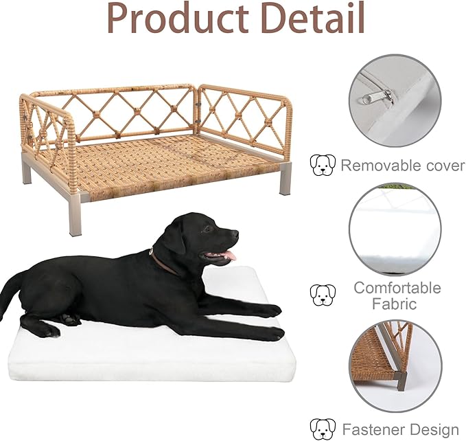 Wicker Dog Bed with 2" Cushion,Rattan Dog Sofa Bed for Small Medium Dogs– Indoor/Outdoor Metal Frame Pet Bed up 66lbs (Brown Rattan White Cushion)