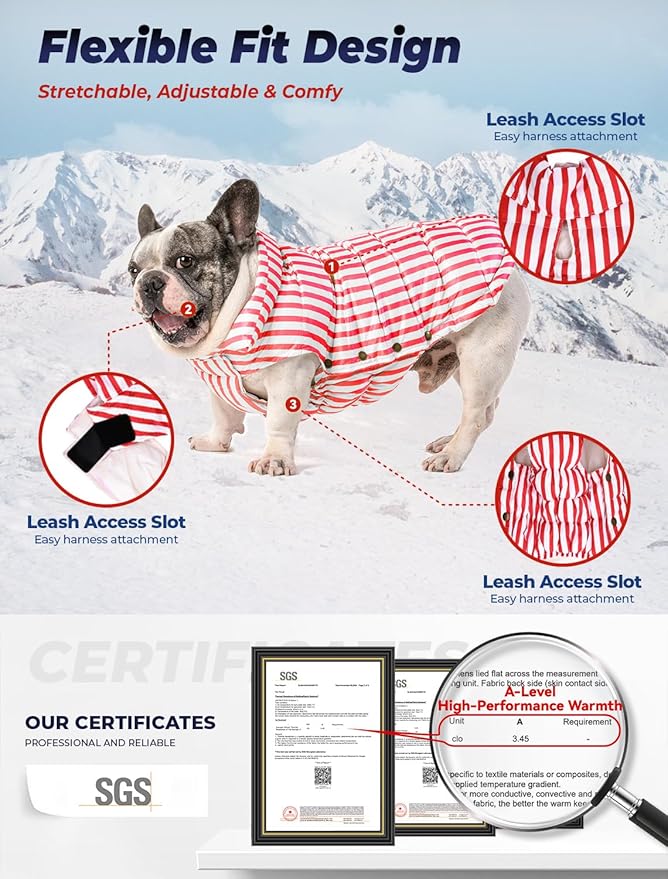 SPACE LION Dog Puffer Jacket, Down Winter Coat, Durable Outdoor Coat for Cold and Windy Conditions, Lightweight & Adjustable Fit Coats for Small & Medium Dogs, (RedStripe, Size 12 Gift Box)