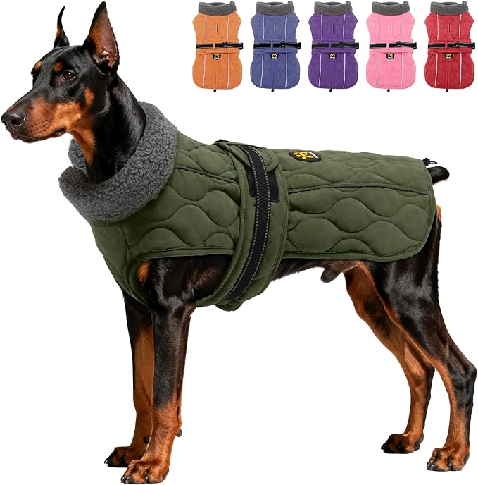 Dog Winter Coat, Adjustable Quilted Dog Snow Jacket with Fleece Lining, Water Resistant Pet Apparel for Cold Weather, Warm Large Doggie Coat with Leash Hole and Reflective Strip, NewGreen L