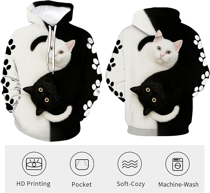 Blissboy Novelty Long Sleeve Hoodie Funny Cat Print Sweatshirts