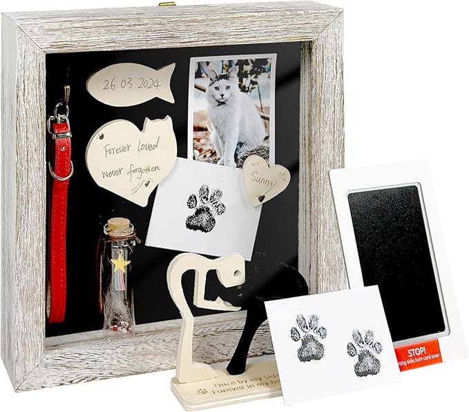 Cat Memorial Shadow Box Gift Pet Memory Display Case Wooden Picture Frame Pet Paw Ink Kit Glass Fur Jar Pets Keepsake Holder for Passed Away Dogs Cats idea Gifts for Pet Lover (White Cat Frame)