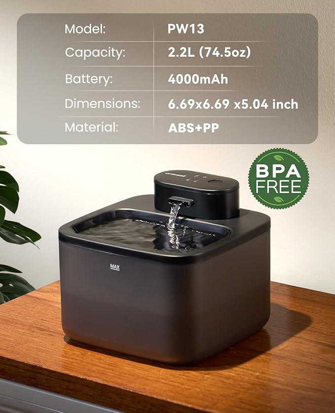 oneisall Wireless Cat Water Fountain: 74oz/2.2L Cordless Pet Water Fountains, 4000mAh Battery Operated Ultra-Quiet Integrated SilentFlow™ Pump for Cats Indoor, Automatic Cat Water Dispenser, BPA-Free
