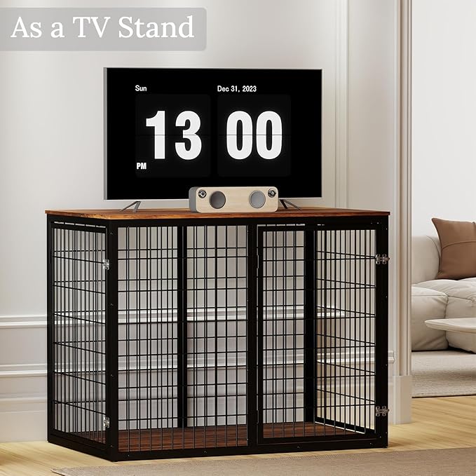 48" Dog Crate Furniture for Medium Large Dogs, Indestructible Large Dog Kennel Indoor with 3 Doors, Wooden Dog Cage Side End Table, Heavy Duty XL Dog Crate, Brown