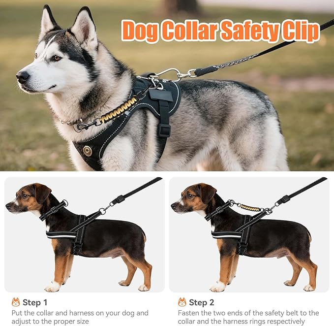 Dog Collar Safety Clip, Collar Companion, Handmade Backup Safety Strap, Double-Ended Clip Leash Connector, Suitable for Dog Harnesses, Prong, Pinch Collars (Black,Gold, 1 Pack)
