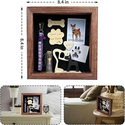 Pet Memorial Shadow Box Gift Dog Memory Display Case Wooden Picture Frame Pet Paw Ink Kit Glass Fur Jar Pets Keepsake Holder for Passed Away Dogs Cats idea Gifts for Pet Lover (Brown Cat Frame)