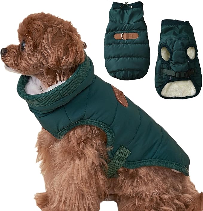 Dog Winter Coat with Neck Guard, Adjustable Neck, Chest Velcro & Detachable Buckle, Warm Polyester Lining, Multi-Way Wear for Small Dogs (Dark Green, X-Large)
