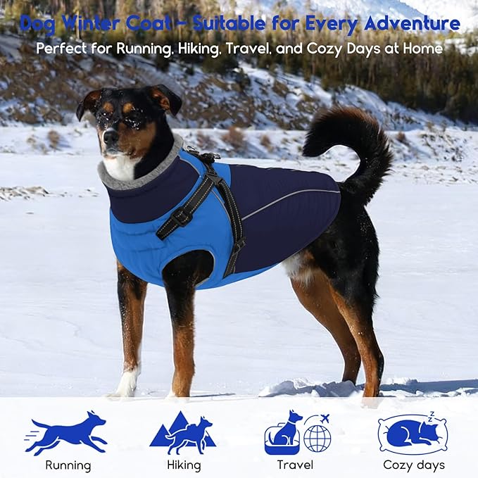 ASENKU Reflective Dog Coat with Built-in Harness, Windproof Fleece-Lined Dog Jacket for Small, Medium, Large Dogs, Warm Winter Vest with Turtleneck & Zipper (Navyblue L)