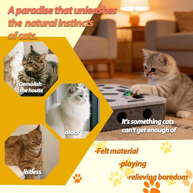 Interactive Cat Puzzle Toy, Felt Maze Box, Allows Cats to Play Independently, Scratching and Hunting Puzzle Box, Kitten Toy, a Gift for Kittens. (Gray Square)