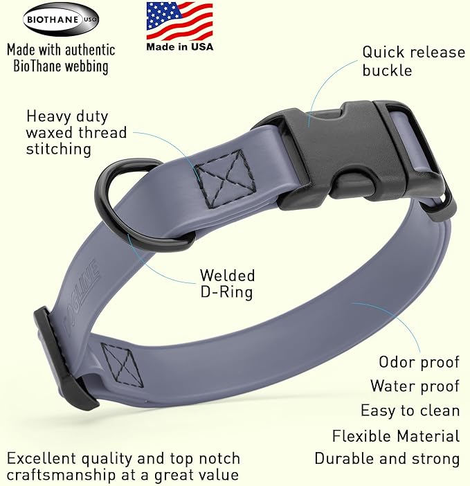 Dogline Durable Biothane Waterproof Collar for Dogs - Odor-Resistant Coated Webbing, Quick-Release Design, Comfortable Adjustable Fit, 5/8" W by 10-14" L, Battleship Gray