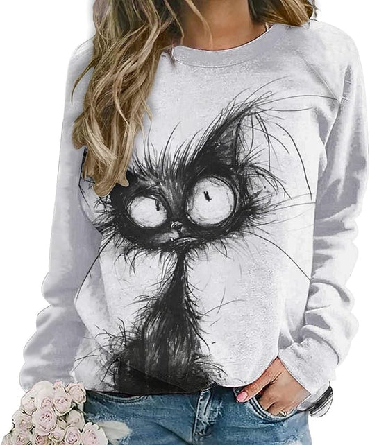 Biacolum Long Sleeve Shirts for Women Mid Century Retro Style Atomic Cat 3D Graphic Sweatshirts Fall Crewneck Pullover Top