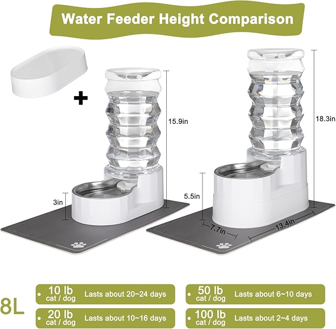 RIZZARI Automatic Dog Water Dispenser：8L Lagre Stainless Steel Raised Pet Water Bowl Gravity Feeder with Triple Filter Specialized Brush - Garage Garden Pet Feeder