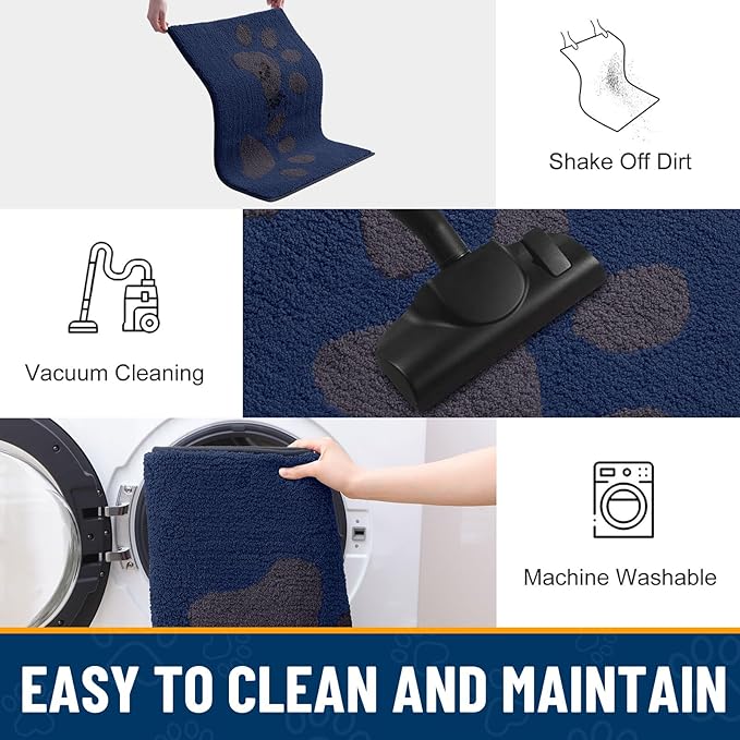 Smiry Dog Door Mat for Muddy Paws 30x20, Dirt Trapper Non Slip Washable Indoor Doormats, Absorbent Entryway Carpet for Inside Floor, Navy Blue