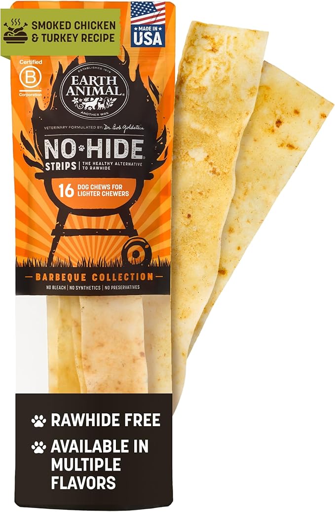 Earth Animal No Hide Strips - Natural Rawhide Free Dog Chew Strips, Barbeque Smoked Chicken & Turkey - 16 Count