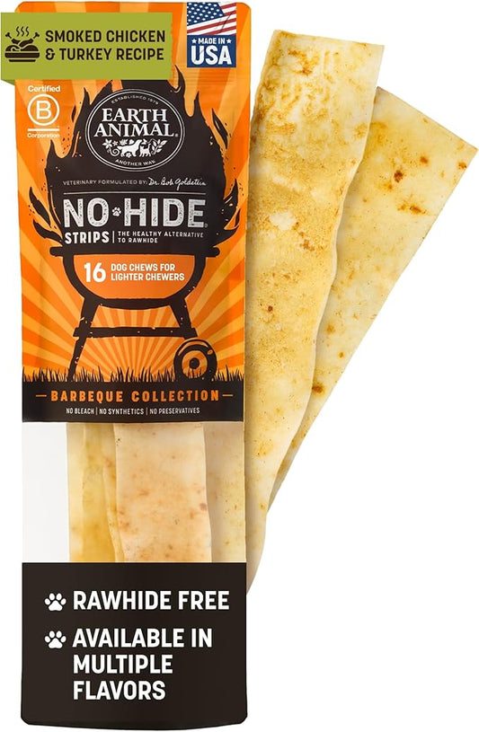 Earth Animal No Hide Strips - Natural Rawhide Free Dog Chew Strips, Barbeque Smoked Chicken & Turkey - 16 Count