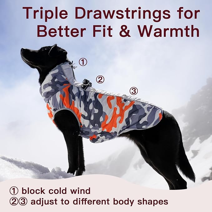 Dog Winter Coat - Large, Warm Dog Coat - Zip Up Snowsuit - Reflective, Water-Resistant - Orange-Camouflage