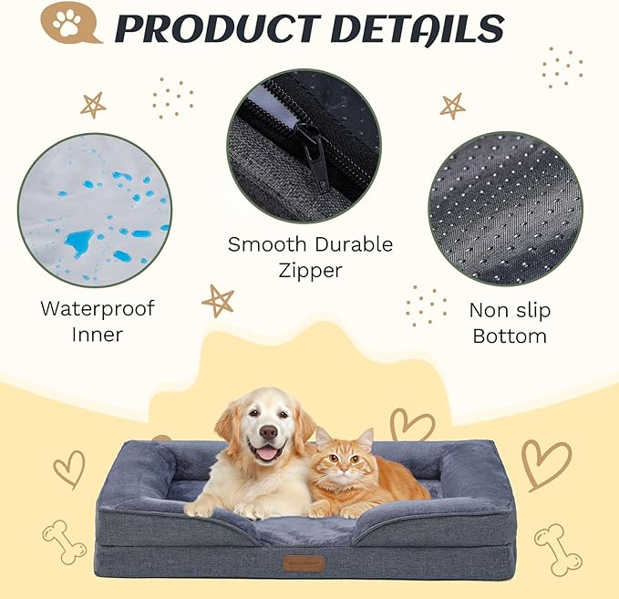 Large Dog Bed Orthopedic with Bolster Sides Removable Egg-Crate Foam Waterproof Liner Pet Bed Sofa Couch with Removable Washable Cover Non-Slip Bottom, Dark Gray