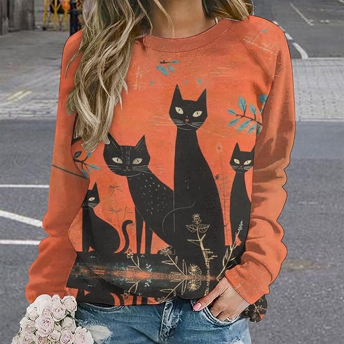 Womens novelty funny cat printed crewneck sweatshirt casual loose long sleeve graphic pullover sweatshirts tops