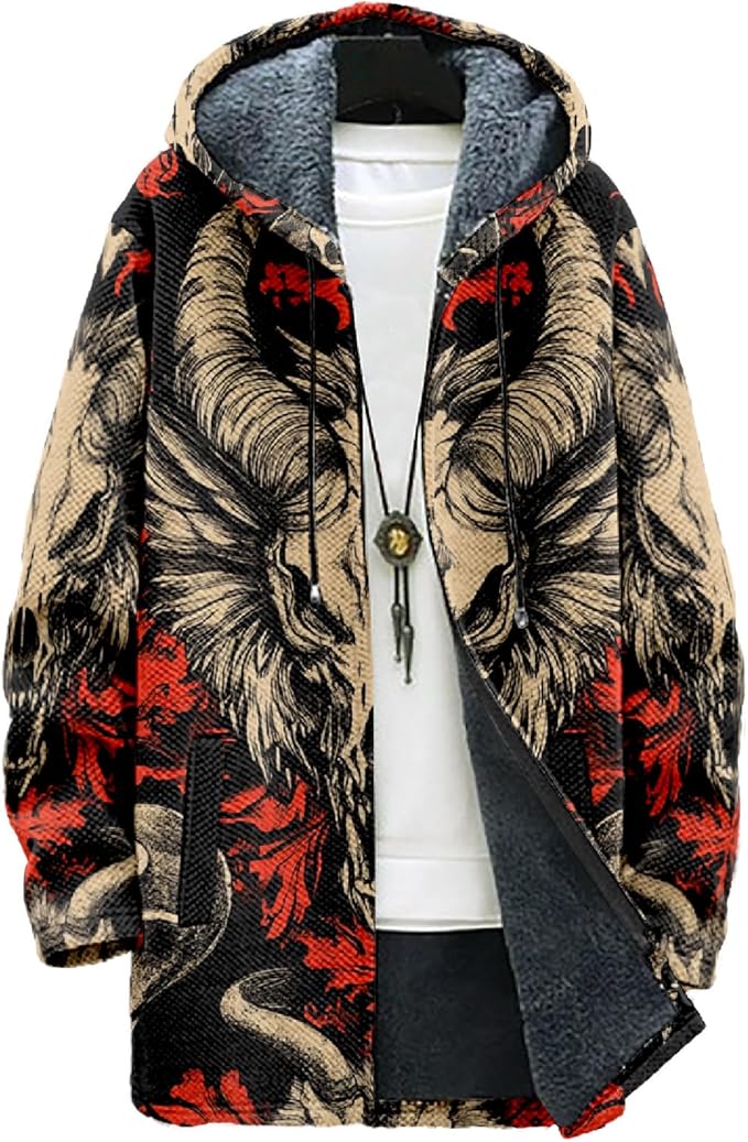 MARSVOVO Cool Hippie Long Cardigan Hoodies for Men Zipper Fleece Lined Knit Coat Skull Animal Print Graphic Jackets