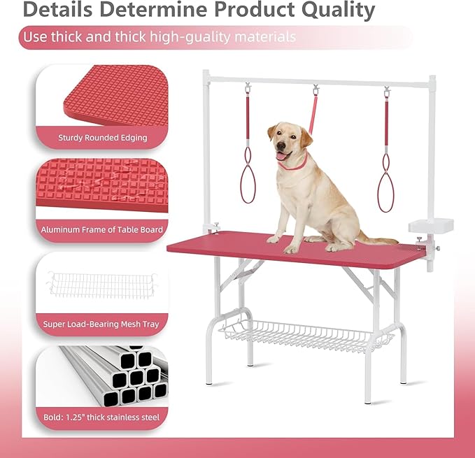 47'' Dog Grooming Table with Adjustable Arm, Foldable Pet Grooming Table for Dogs at Home, Large Grooming Station with Mesh Tray & ABS Tool Holder, Non-Slip Waterproof Surface, Capacity up to 330lbs
