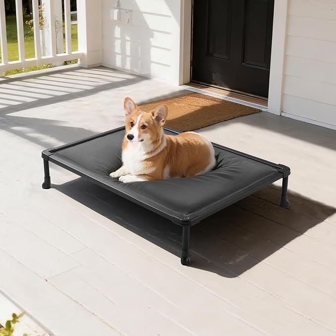 Veehoo Chewproof Elevated Dog Bed, Durable Raised Pet Cot with Soft PP Cotton-Filled Waterproof Mat, Washable Padded Cot for Indoor, Outdoor & Camping, 35-Inch, Grey
