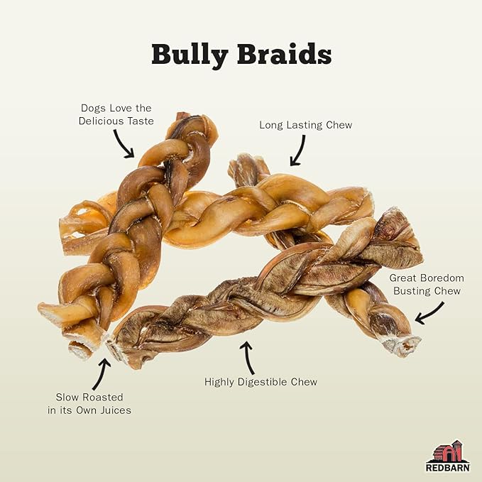 Redbarn Pet Products All-Natural 12" Braided Bully Sticks for Dogs - Premium Slow Roasted Long Lasting Chew Treats Made with 100% Beef - Single Ingredient Low Odor - 5 Count - Packaging May Vary