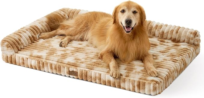 Cute Dog Bed, Faux Fur Orthopedic Foam Dog Bed with Sides, Removable Washable Cover & Waterproof Lining, Comfortable Pet Couch for Extra Large Dogs, Tie-Dye Brown (48" L x 35" W x 7.5" Th)