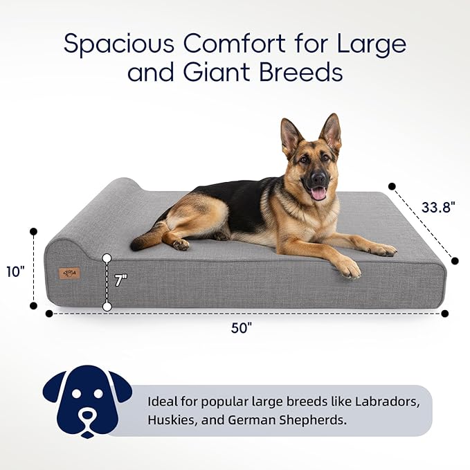 Sytopia 7" Thick Orthopedic Dog Beds for Extra Large Dogs, Chew Proof Fabric Cover, 35D Memory Foam Dog Beds with Durable Waterproof Liner & Removable Washable Cover, 50" x 34" x 10", Grey