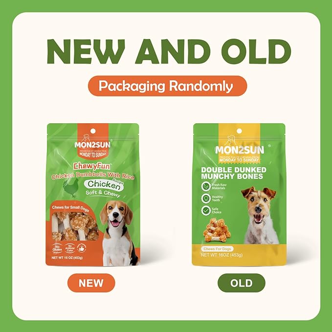 MON2SUN Dog Treats, 16oz Mini Rawhide Chews, Chicken Dumbbells with Rice for Small Dogs & Toy Breed, Crunchy and Healthy (2.5 Inch 30 Count)