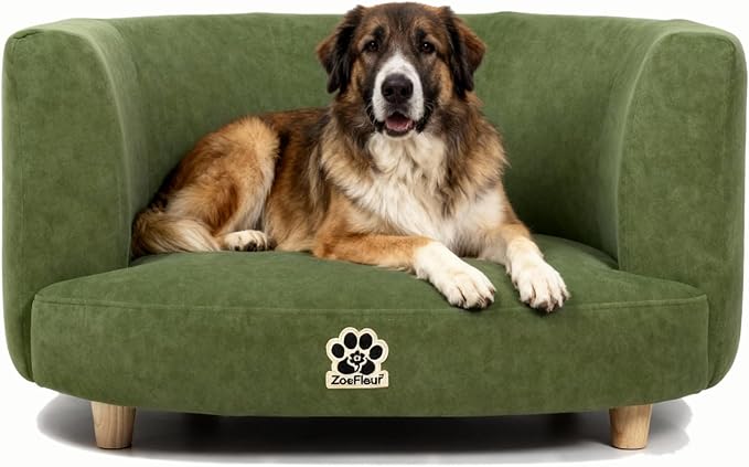 Dog Bed, Large Dog Couch with Washable Cover, Wooden Legs, Elevated Fancy Foam Pet Sofa for Medium & Large Breeds(Green)
