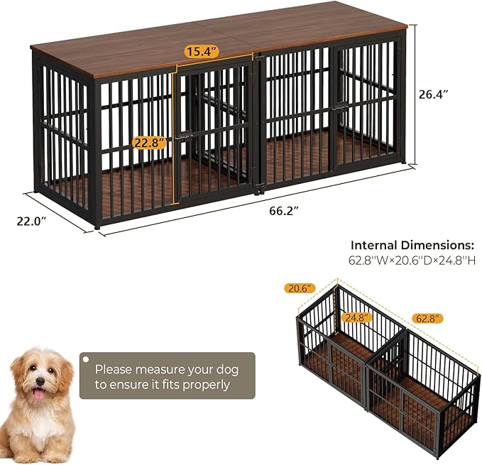Lyromix 66'' Dog Crate Furniture with Double Rooms,Wooden Crate TV Stand with Removable Divider, Heavy Duty Indoor Puppy Cage Kennel for Small to Medium Dogs, Can Use Separately, Walnut