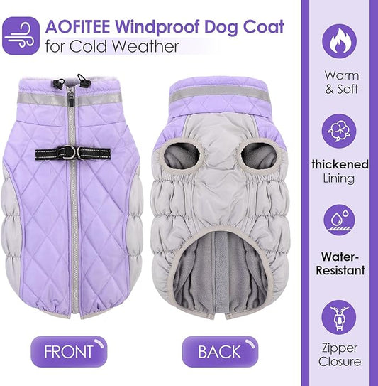 AOFITEE Dog Coat, Warm Dog Jackets for Large Dogs, Reflective Turtleneck Dogs Winter Coat with Harness Built in, Waterproof Windproof Pet Snow Jacket Fleece Vest for Cold Weather, Lilac XXL